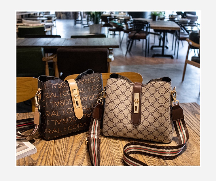Womens Crossbody Handbag Monogram Pattern Canvas with Brown Leather Trim